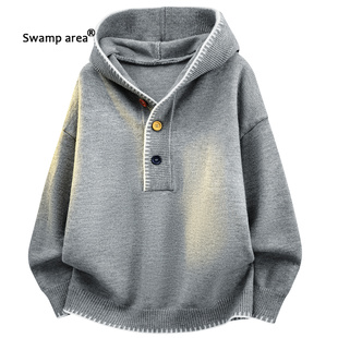 SWAMP AREA美式纽扣简约连帽毛衣男秋冬宽松慵懒感情侣针织衫外套
