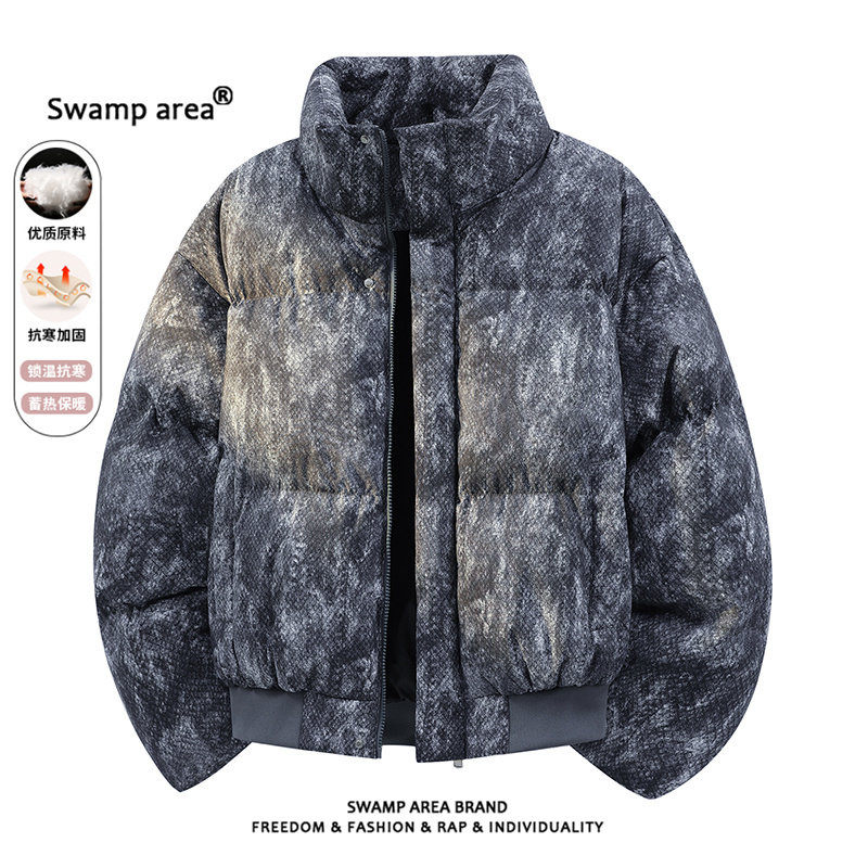 SWAMP AREA美式扎染短款立领棉衣男冬季加厚保暖面包棉服情侣外套