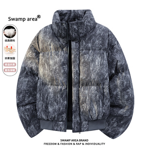 SWAMP AREA美式扎染短款立领棉衣男冬季加厚保暖面包棉服情侣外套