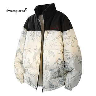SWAMP AREA美式羽绒服男拼接撞色冬季面包服宽松立领保暖情侣外套