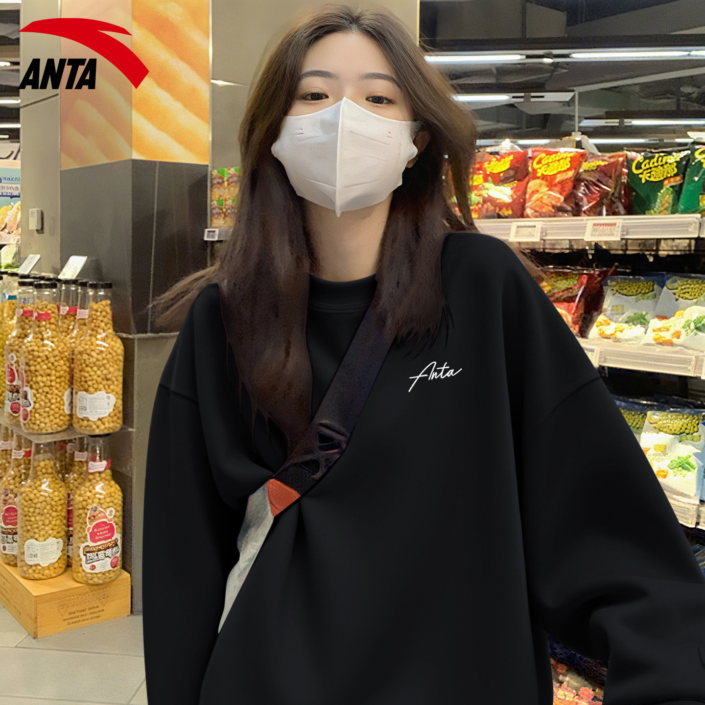 安踏长袖运动卫衣女秋季2025新款时尚百搭休闲打底衫圆领宽松上衣