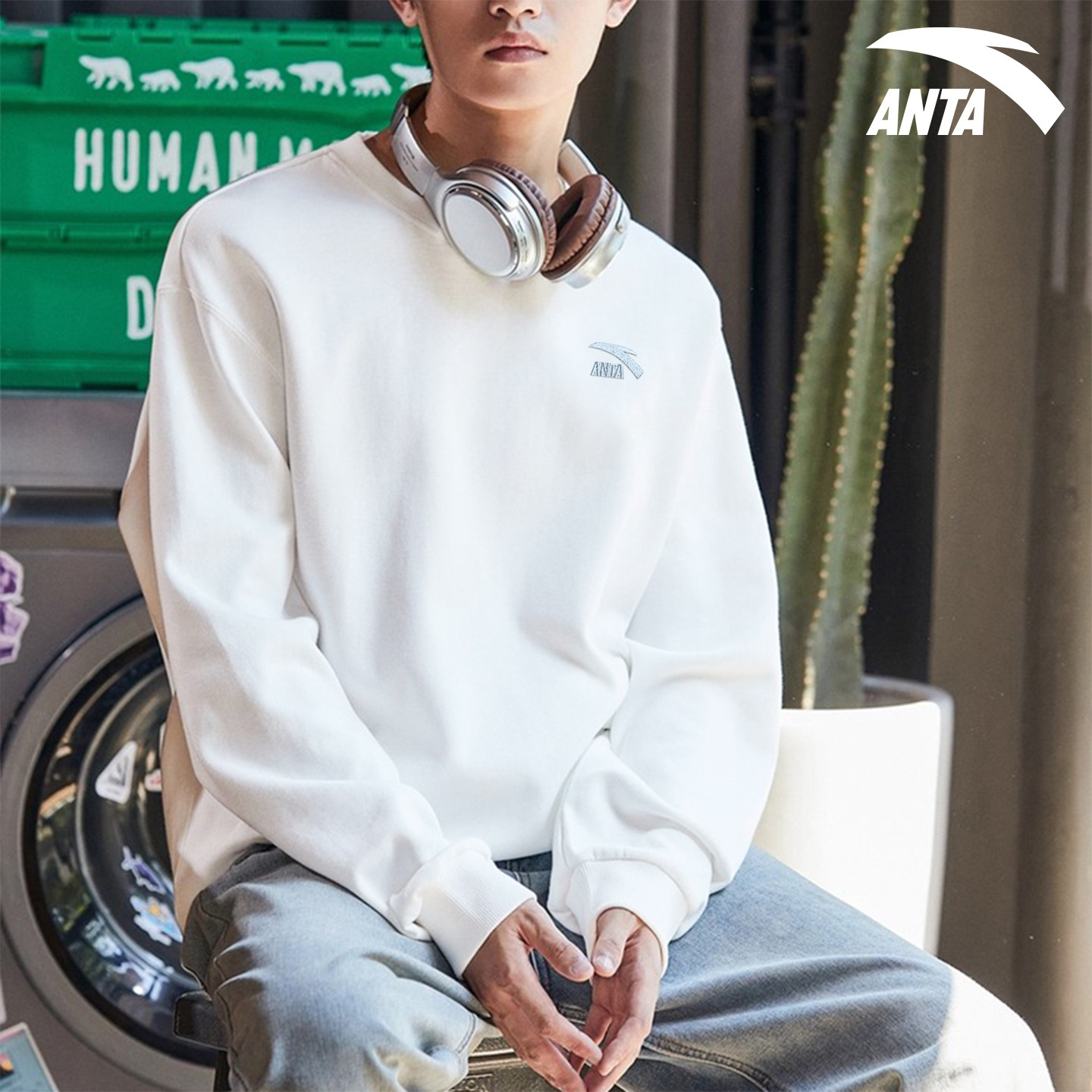 安踏卫衣男2026春季新款白色圆领休闲长袖t恤宽松大码套头衫薄款