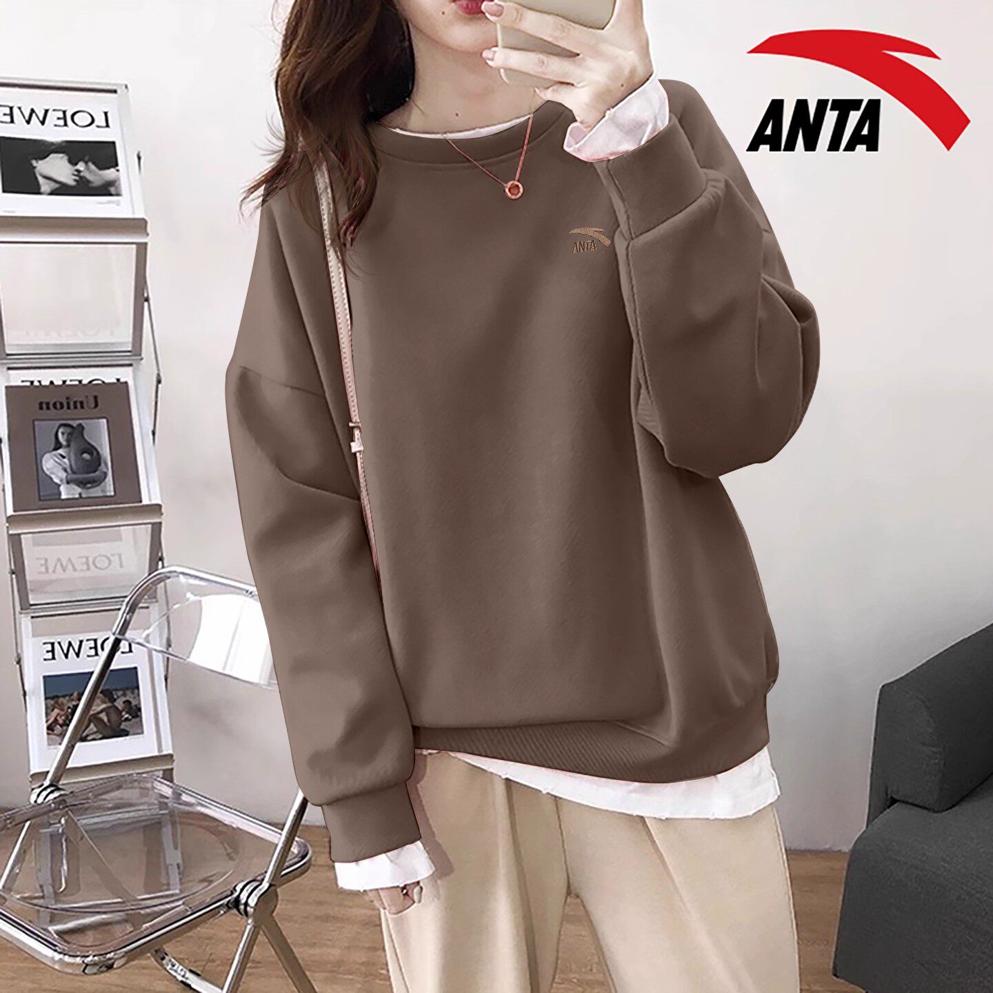 安踏卫衣女2026春季新款蓝色圆领休闲长袖t恤宽松大码套头衫薄款