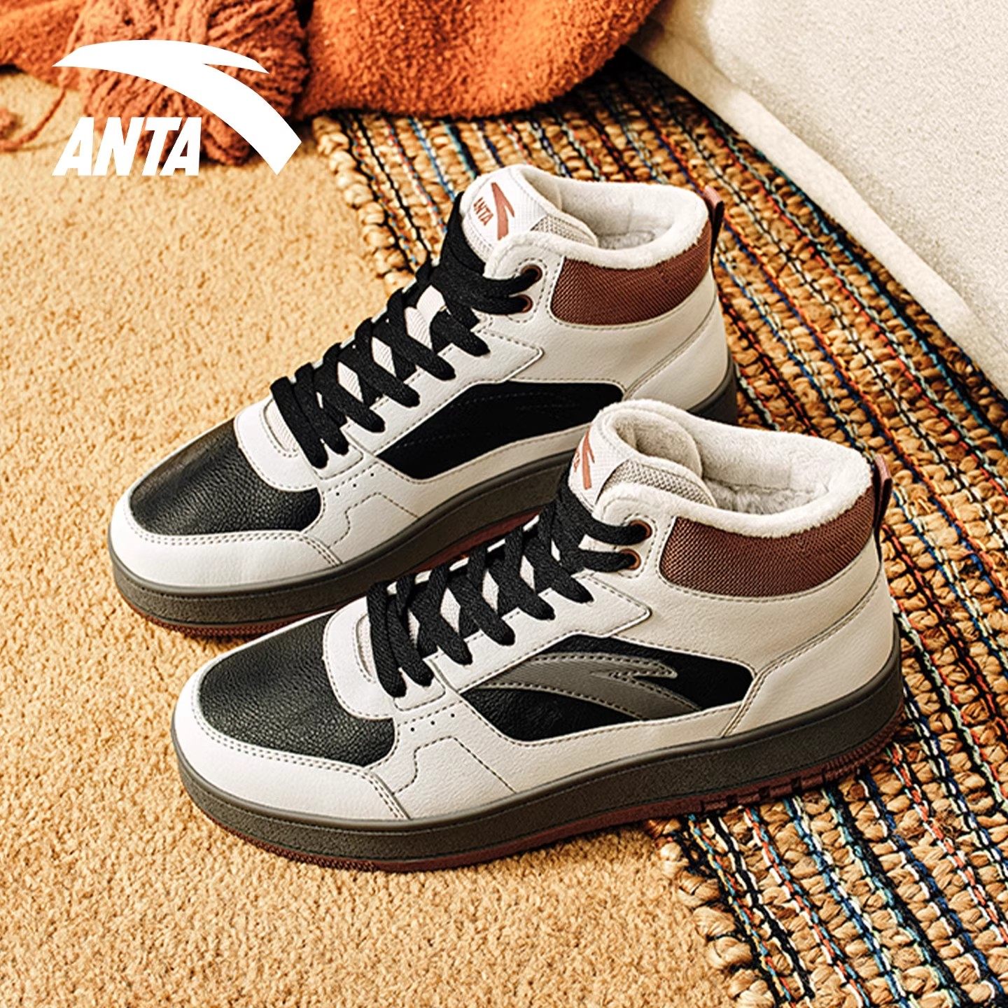 安踏高帮鞋子女鞋加绒板鞋冬季皮面运动休闲鞋2025年新款百搭棉鞋