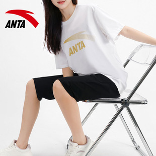 安踏大码宽松妈妈套装女夏季新款时尚logo透气短袖T恤运动两件套