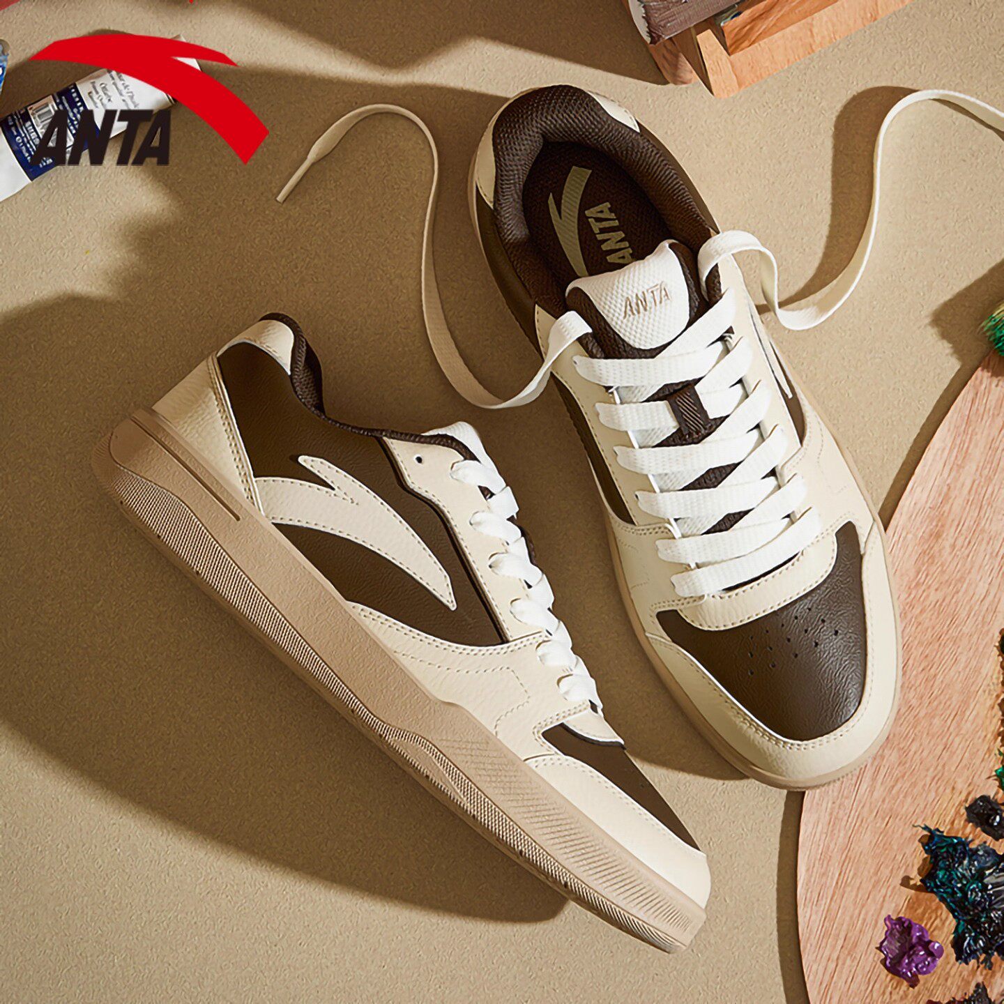 安踏男鞋路冲丨撞色板鞋男款复古休闲鞋子2025新款皮面低帮运动鞋