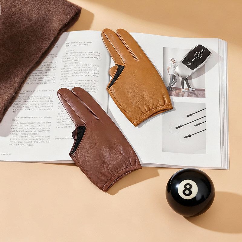 专属台球皮手套可触屏露指男款真皮手套