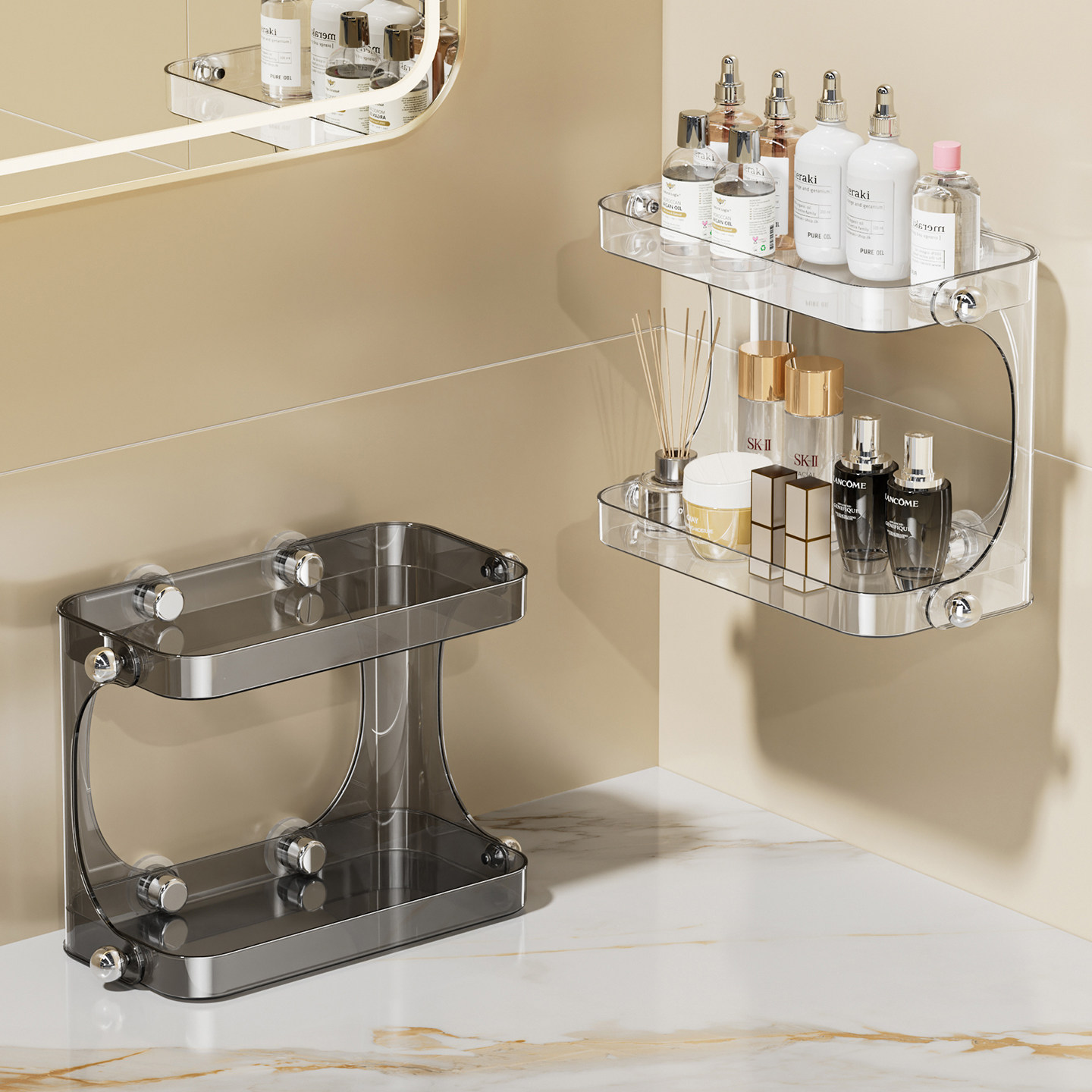 吸盘化妆室置物架双层免打孔洗漱台墙上挂架厕所浴室化妆品收纳层,家庭/个人清洁工具,浴室角架/置物架,淘宝优惠券,粉丝福利购,淘宝优惠卷