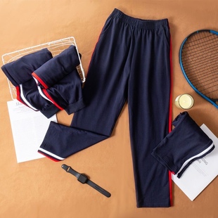 加绒加厚校服裤子藏青蓝色纯棉初中高中小学生儿童一条杠两道杠