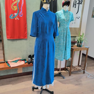 魅人鱼｜新款蓝色绢纺香云纱旗袍设计定制 两件套真丝改良旗袍裙