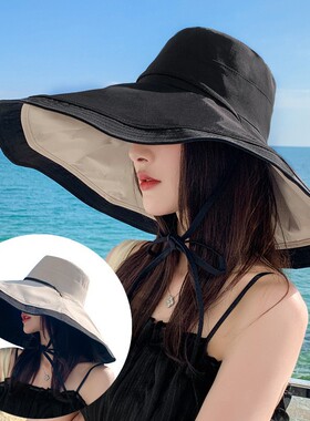 帽子夏天女新款海边沙滩大帽檐防晒遮阳太阳帽双面戴大头围渔夫帽