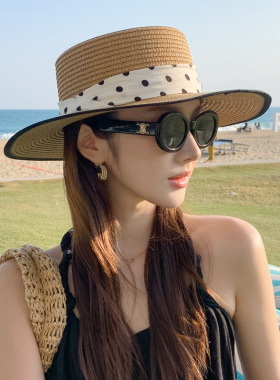 法式时尚浪漫草编遮阳帽波点平顶海边沙滩小礼帽显脸小休闲防晒帽