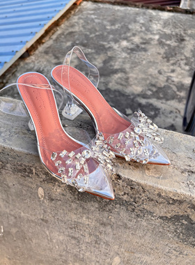 包头绝美凉拖女鞋法式气质尖头水钻水晶透明酒杯粗细中高跟后绊带