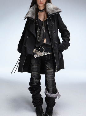 DoublePunch冬季“雪境流浪”艺术生双排扣毛领宽松中长加绒外套