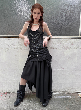 DoublePunch春夏原创流浪腰封大口袋烫钻设计假两件式开衩半身裙