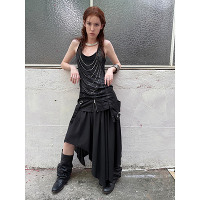 腰封烫钻设计假两件式开衩半身裙