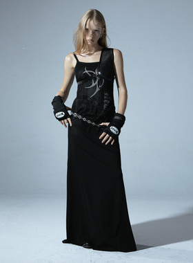 DoublePunch【8折促销】春秋原创针织吊带印花收腰开衩超长连衣裙