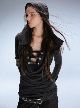 DoublePunch秋冬“极夜信使”游骑兵金属扣带针织连帽荡领打底T恤