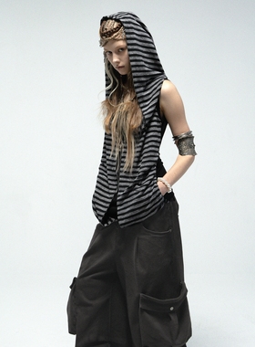 DoublePunch春夏原创假两件设计条纹荡领兜帽拉链造型多穿背心T恤