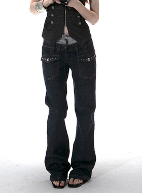 DoublePunch春夏原创撞色双腰头重工原色合身显瘦直筒微喇牛仔裤