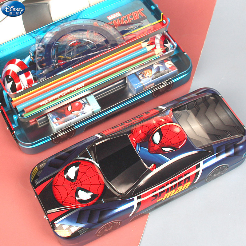 迪士尼漫威蜘蛛侠小学生男款儿童铁笔盒三层文具盒汽车造型铅笔盒