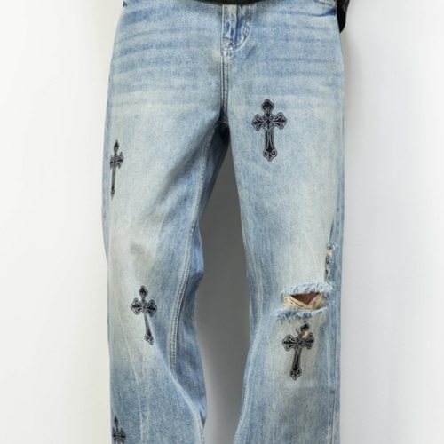 Mostarsea~轻奢破洞牛仔裤男士潮牌美式高街新款直筒宽松印花长裤