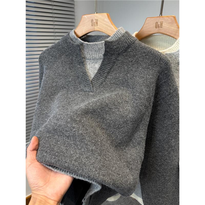 MAROLIO双层半高领假两件毛衣宽松韩版套头针织衫秋冬季加厚线衣