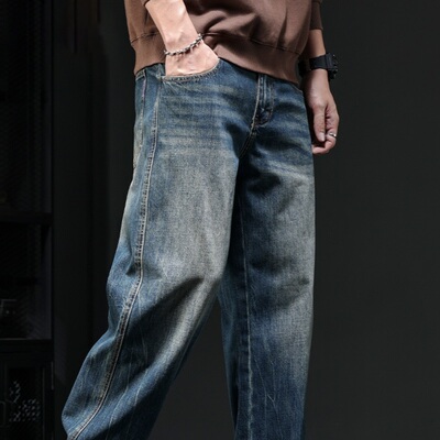 潮牌it neith BIAS美式春秋复古蓝色牛仔裤男宽松直筒阔腿垂坠感