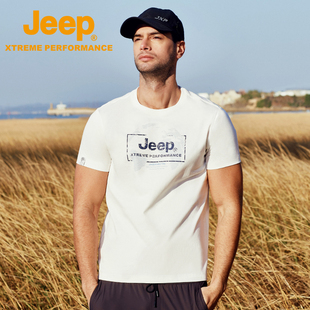 圆领休闲风运动上衣 大码 印花短袖 Jeep户外透气速干T恤男夏季