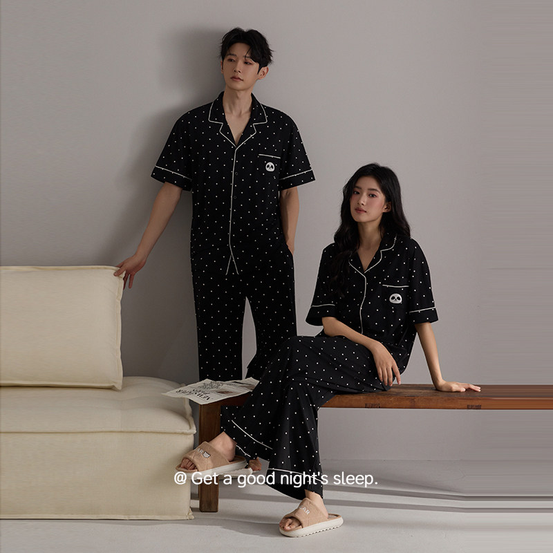 AL文艺复古情侣睡衣纯棉翻领黑色波点短袖长裤可外穿家居服套装