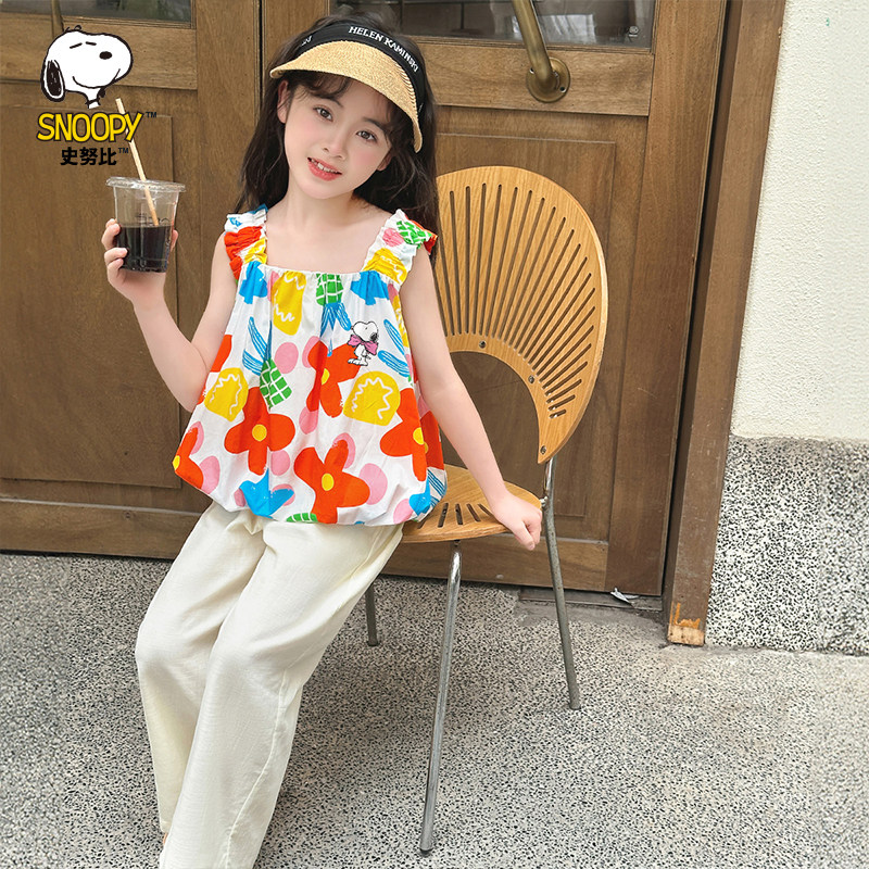 史努比女童可爱花朵背心套装夏季薄款透气两件套夏日童趣风