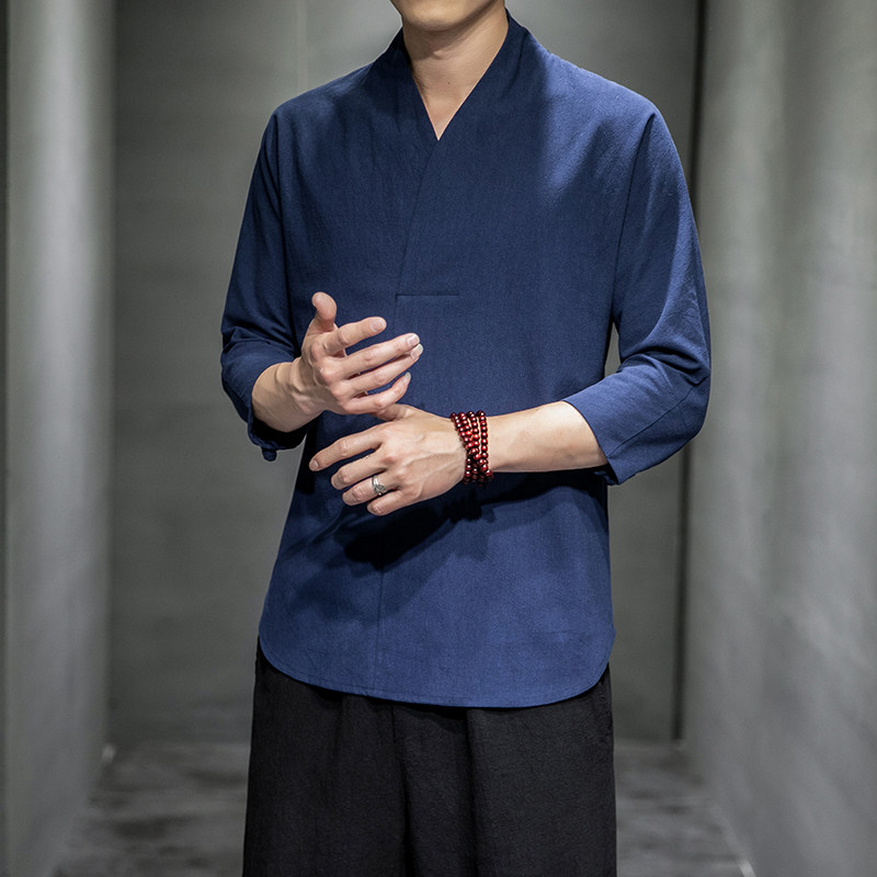 特批P25QT4003-TX88中国风男士棉麻七分袖短袖T恤,男装T恤,星座815（原A203）