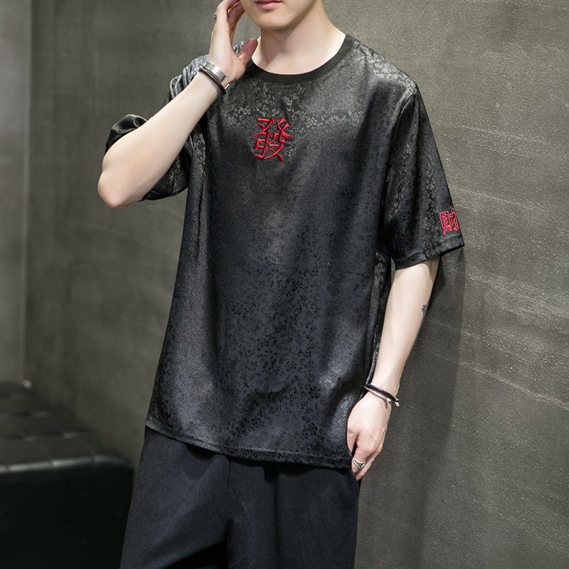 2021夏季风冰丝发财刺绣五分袖T恤男潮QT4003-NB31,男装T恤,星座815（原A203）