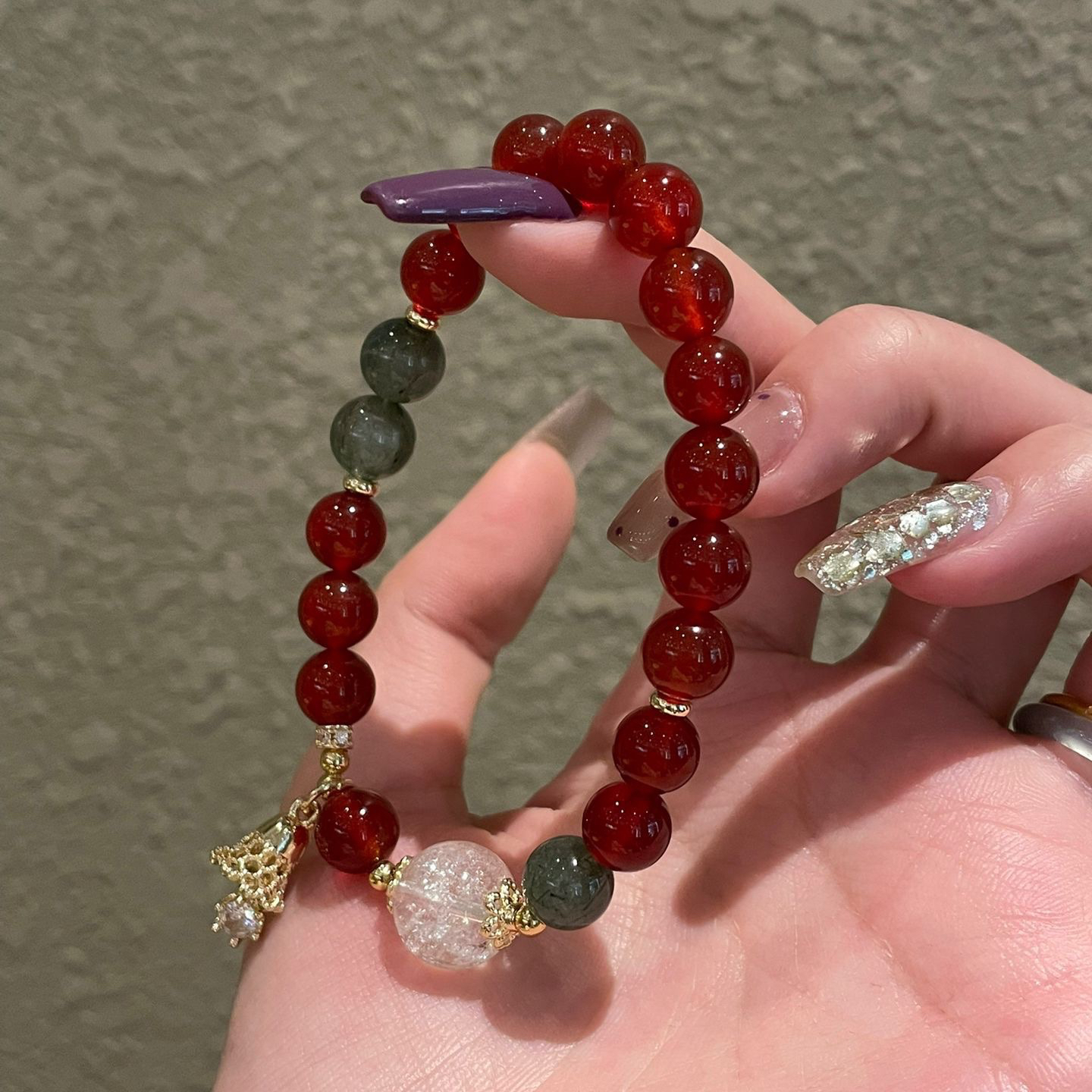 天然红玛瑙绿发晶手链女款招财转运珠手串送闺蜜生日礼物圣诞礼物