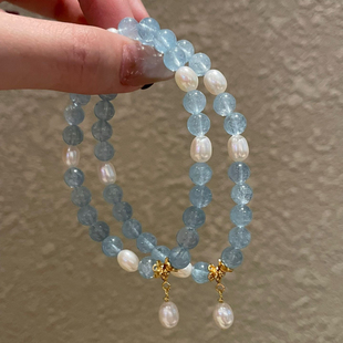 天然海蓝宝手链米粒珍珠女款手串送闺蜜生日礼物圣诞礼物
