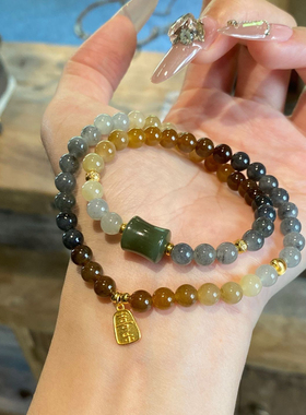 楼兰三色和田玉双圈手串糖料烟紫点墨青花天然和田玉手链新中式风