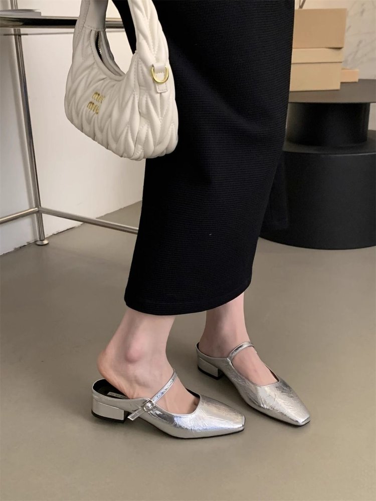 包头半拖鞋女夏外穿春夏新款韩版法式晚风气质银色单鞋子粗跟凉拖