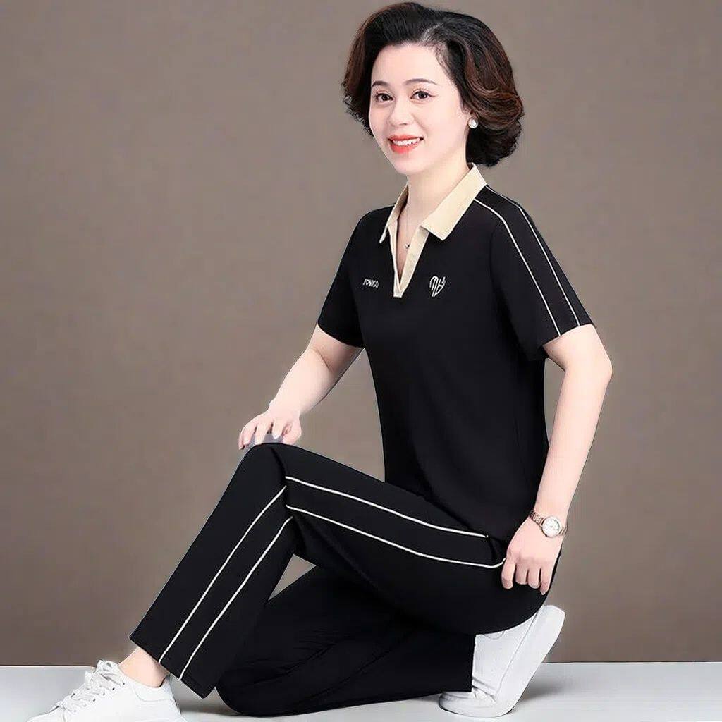 中老年妈妈夏装运动服套装女洋气2024上衣中年名牌短袖t恤两件套