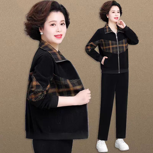 中老年妈妈秋季灯芯绒运动服休闲外套女宽松奶奶洋气上衣两件套装