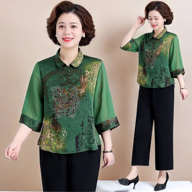 中老年妈妈夏季七分袖小衫运动服女老人奶奶洋气衣服休闲两件套装