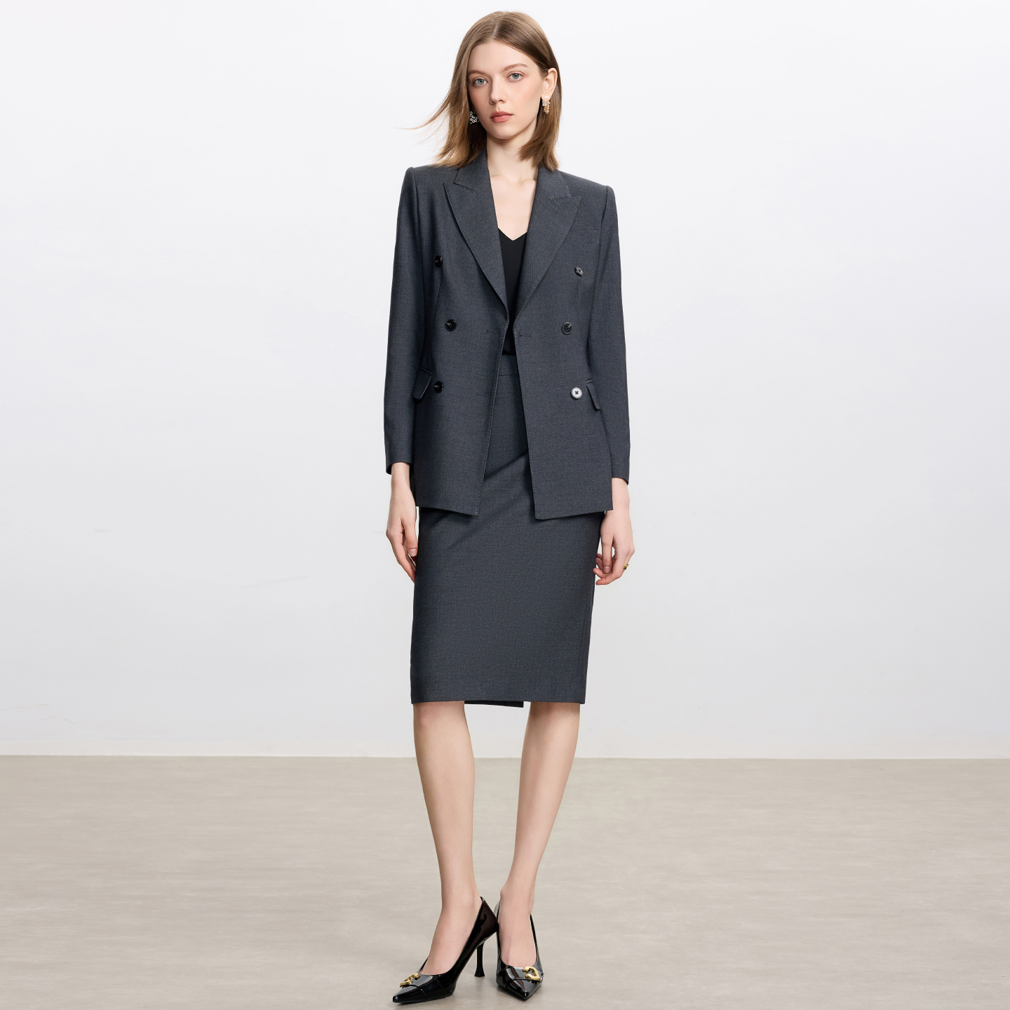 AD羊毛深灰色西装套装女秋冬新款高级感职业装正装西服半裙两件套