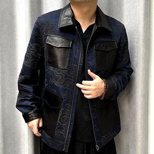 AL2503桑蚕丝油丝拼真皮男休闲百搭常规纯色翻领免烫轻奢撞色夹克