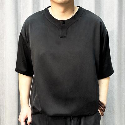 桑蚕丝乔其缎夏季中国风亨利领T恤深灰色半袖复古短袖宽松2551