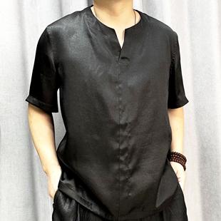 新中式 香云紗桑蠶絲T恤寬松商務(wù)夏季 V領(lǐng)時尚 純色短袖 上衣23603