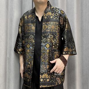 中国风夏季 提花衬衫 宽松2566 外套道袍领男七分袖 壮锦桑蚕丝男装