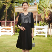 孕妇裙孕妇装 时尚 长裙潮 2026新款 快乐屋条纹拼接孕妇连衣裙春夏款