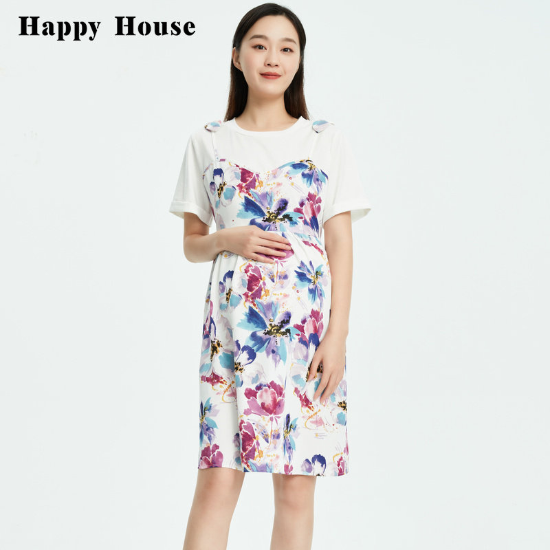 快乐屋水墨花乔其纱拼接仿两件孕妇连衣裙2026新款中国风夏款裙子
