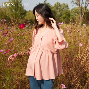 娃娃衫 时髦孕妇T恤秋装 辣妈时尚 快乐屋孕妇上衣春秋微皱V领孕妇装