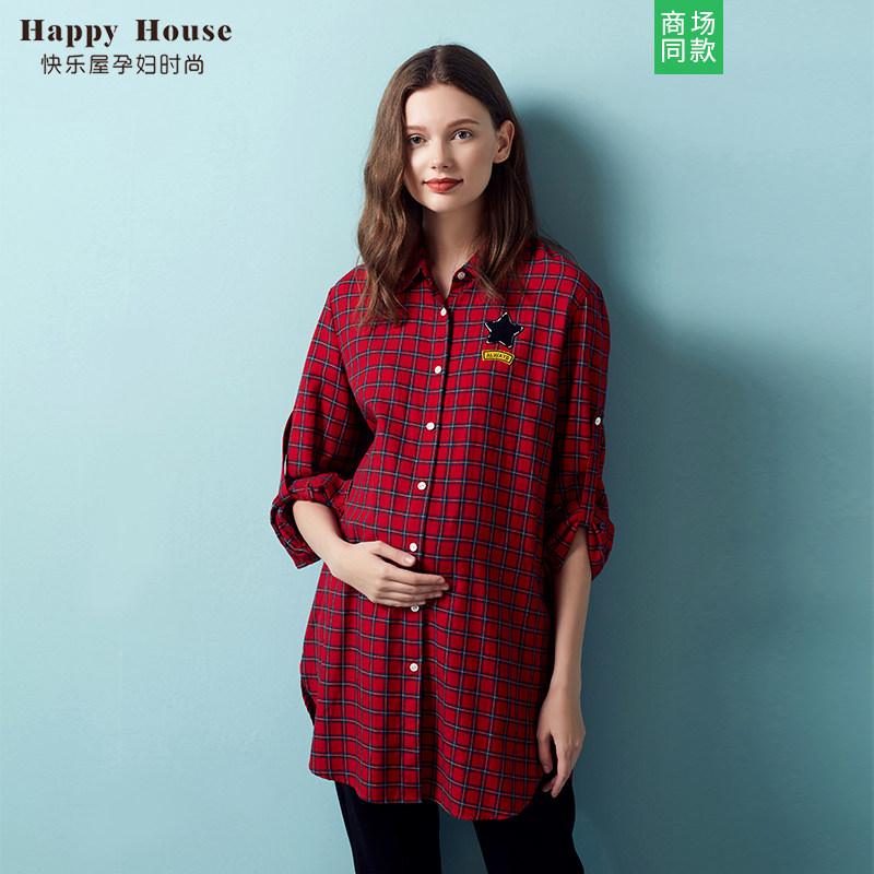 快乐屋孕妇衬衫中长款2024春新品方格纹衬衫可调节长袖印花孕妇装