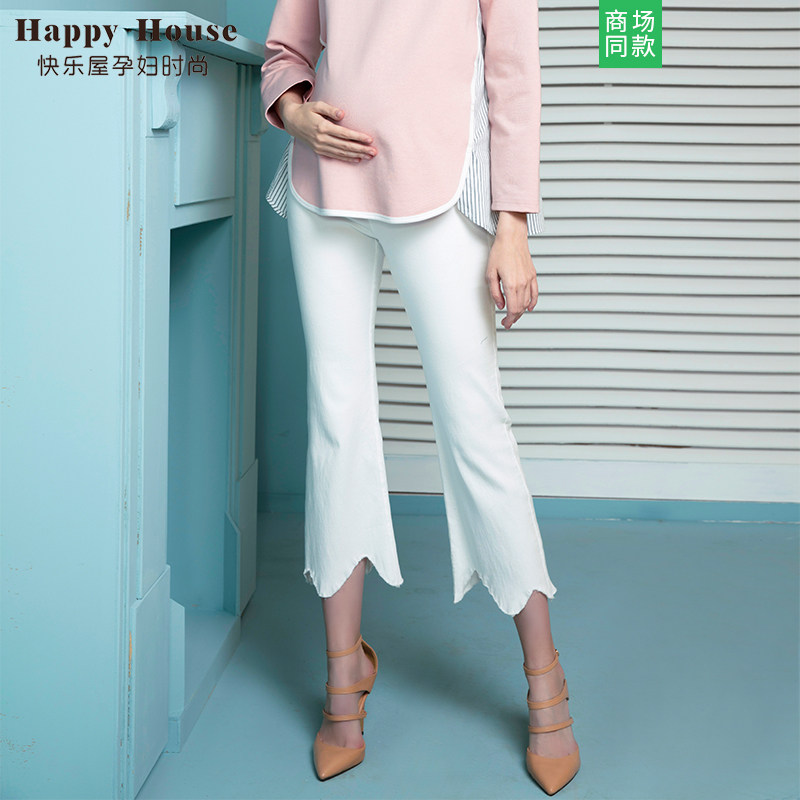 快乐屋孕妇喇叭裤2020春夏新款高腰弹力托腹不规则脚口孕妇牛仔裤